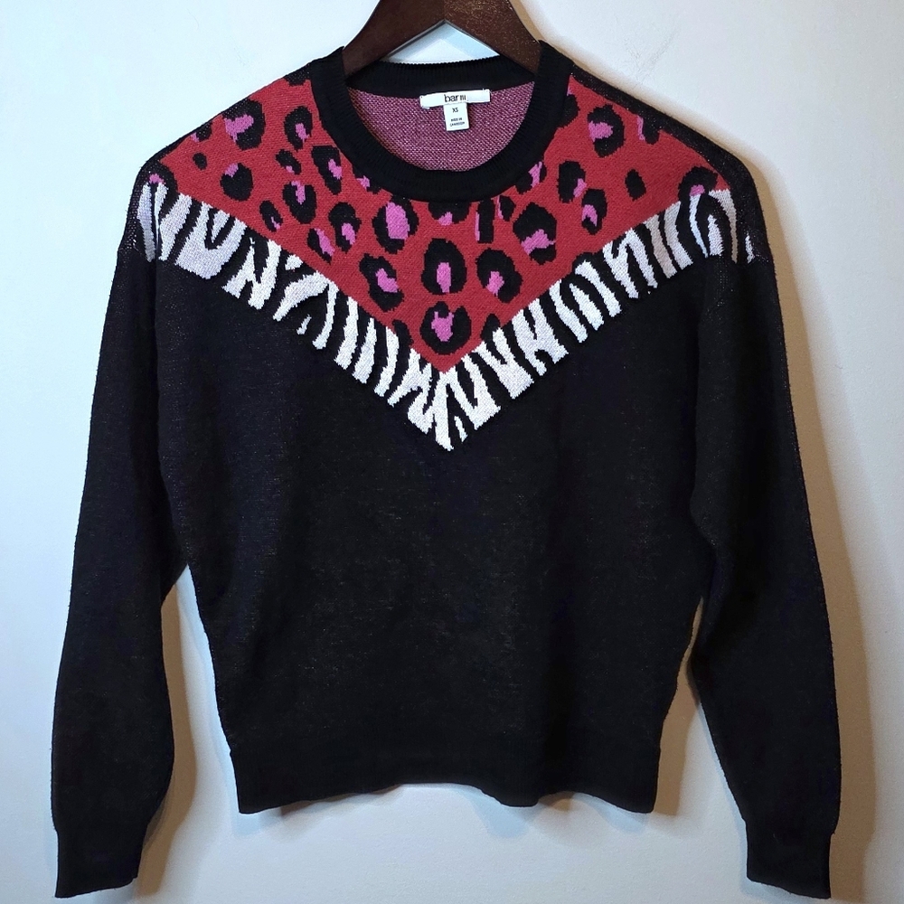 Bar III Mixed Animal Print Chevron Sweater Leopard Zebra Mob Wife Retro Size XS